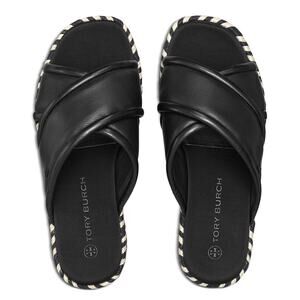 TORY BURCH Crisscross Espadrille Slides Black Tan Black Leather Logo 8